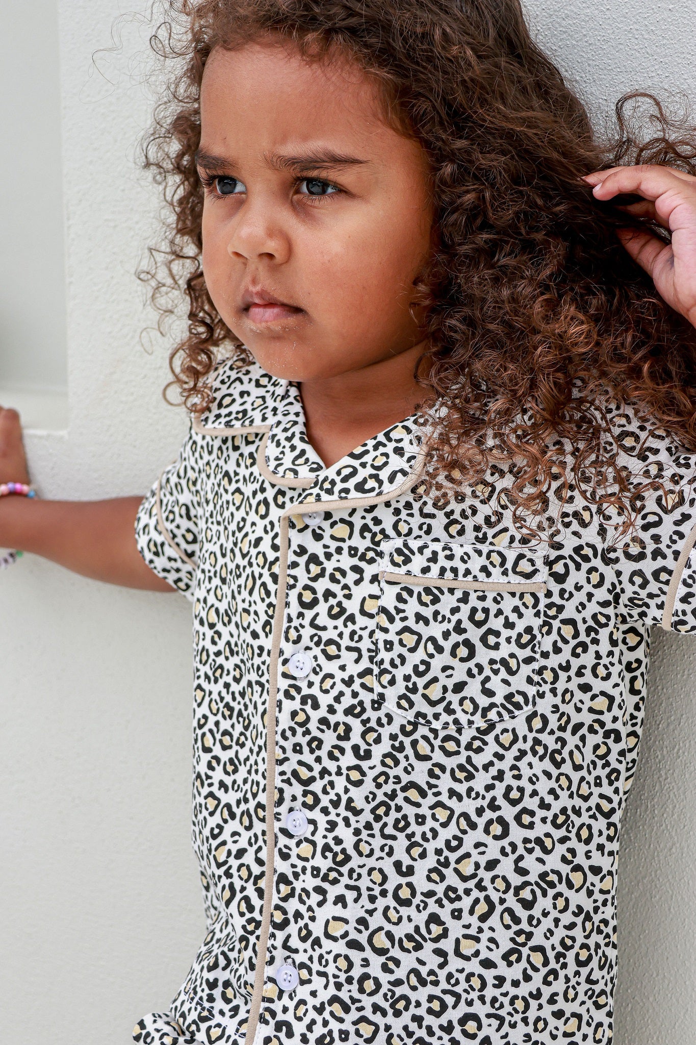 Toddler girl wearing leopard print piped pyjama sets pj's pajamas