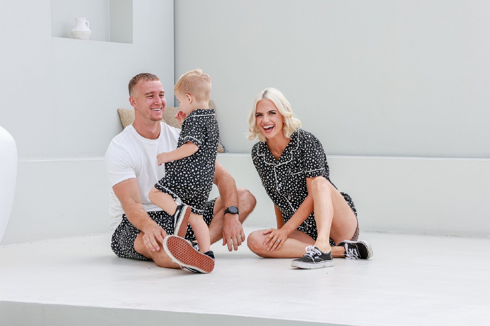 Dad, Mum and bub playing outside with toy car wearing matching pyjamas PJ's pajamas sets